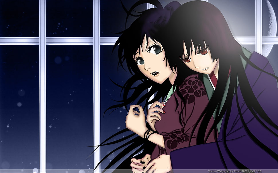 two black haired female anime characters HD wallpaper