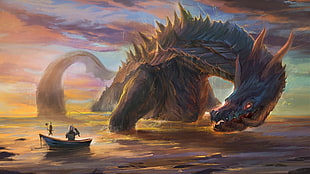 water dragon on sea painting HD wallpaper