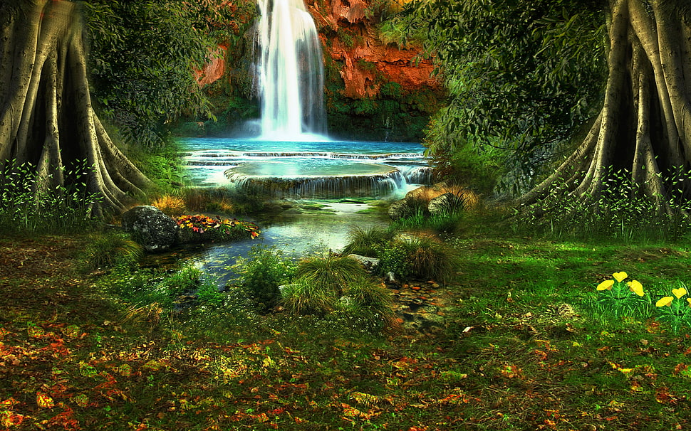 waterfalls with trees painting HD wallpaper