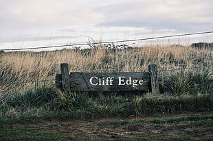 brown wooden cliff edge signage