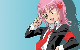 pink haired female anime character posing peace sgn