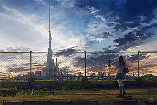 black haired female illustration, city, anime girls, sunset, skyscraper