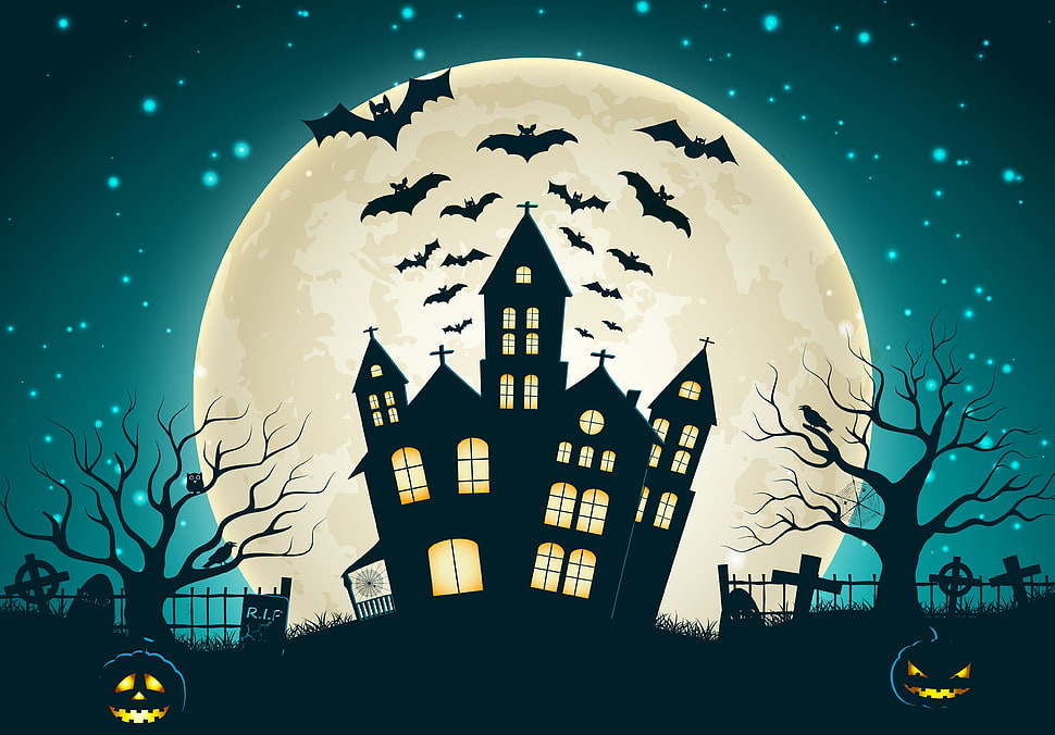witch house with flight of bats wallpaper HD wallpaper