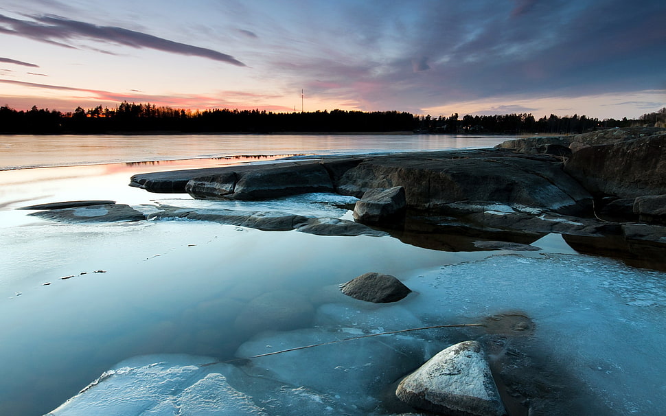 rock formation near body of water, nature, ice, lake HD wallpaper