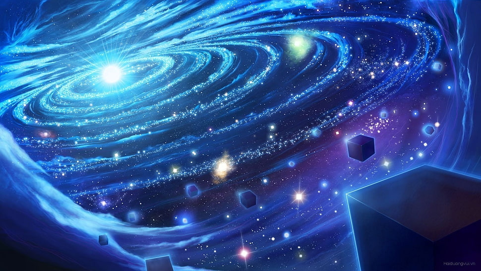 assorted-color galaxy illustration, space art, cube, glowing, stars HD wallpaper
