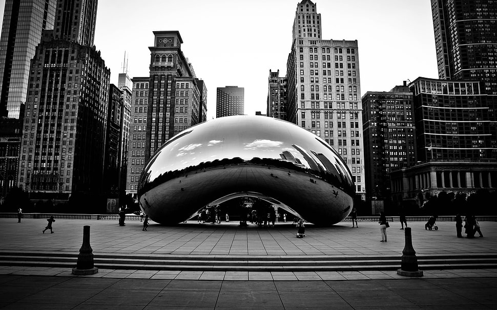 black and white ceramic table decor, cityscape, Chicago, monochrome, reflection HD wallpaper