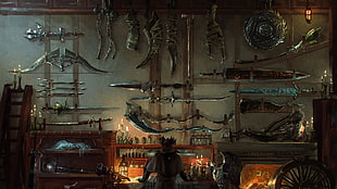 assorted-type of weapons mounted in wall digital wallpaper, games art, weapon, Bloodborne