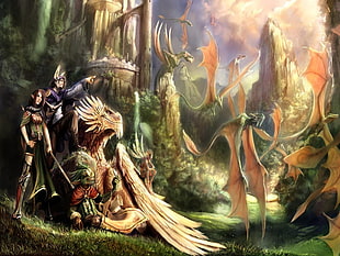 elf and flying monsters illustration, fantasy art, dragon