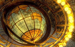 brass globe chandelier, map, sea, continents, lines HD wallpaper