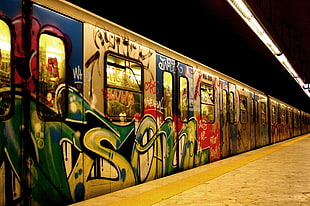 train graffiti art, subway, vehicle, train, underground