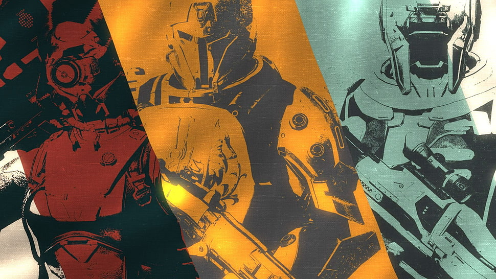 three assorted-color Star Wars character posters, power armor, gun, futuristic armor, Destiny (video game) HD wallpaper