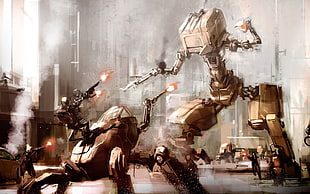 robot wallpaper, science fiction, futuristic, artwork, battle HD wallpaper