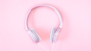 white corded headphones, headphones, pink, white