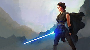 Star Wars character, artwork, Star Wars: The Force Awakens, Rey (from Star Wars), lightsaber