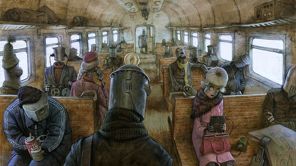 people inside bus illustration, artwork, robot, steampunk, depressing HD wallpaper