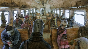 people inside bus illustration, artwork, robot, steampunk, depressing