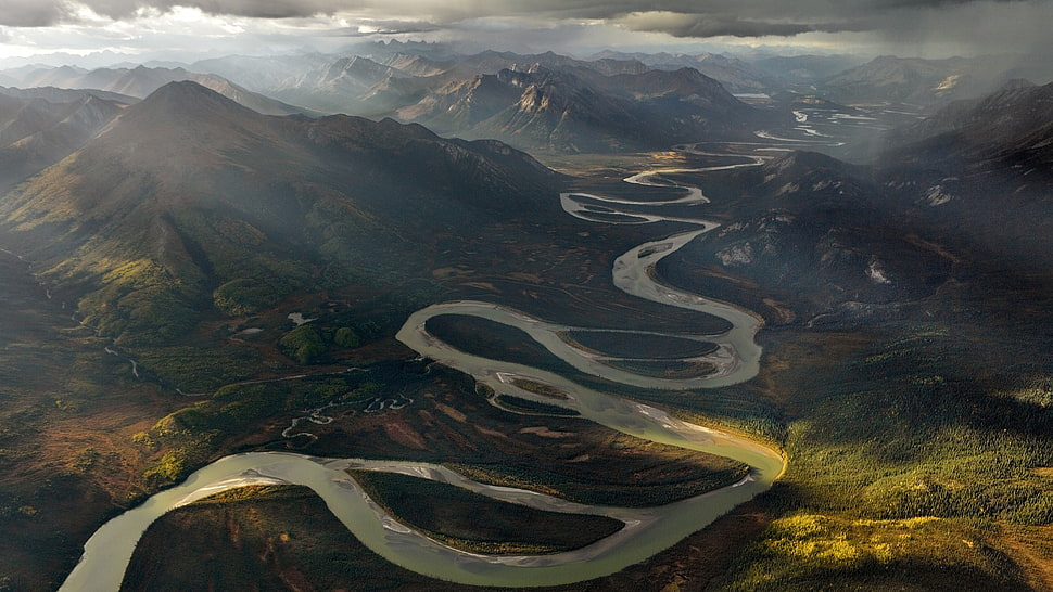 green mountain range, nature, landscape, river, sun rays HD wallpaper