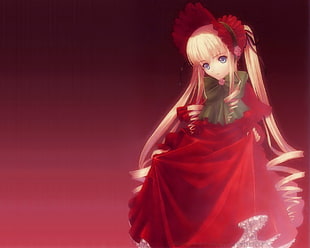 blonde haired girl in red gown anime character HD wallpaper