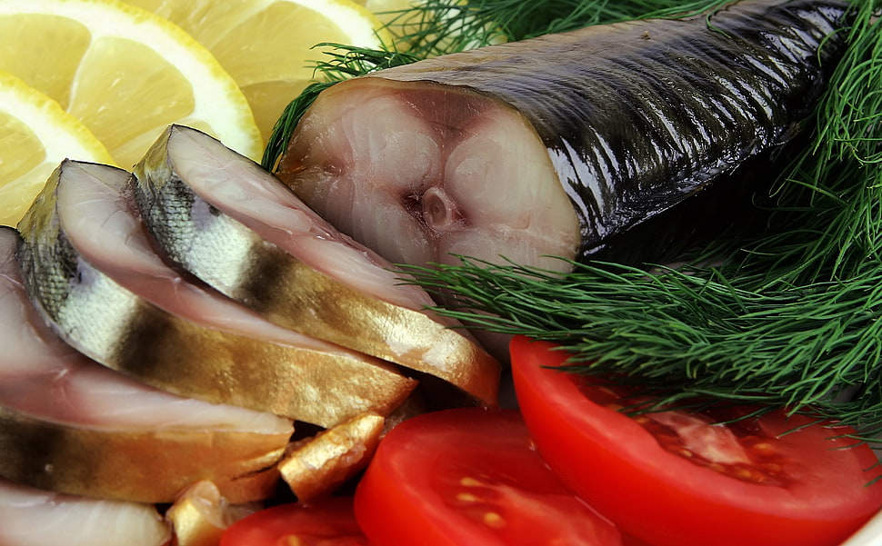 sliced fish, tomato and lime HD wallpaper