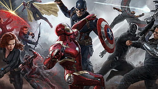 Captain America: Civil War digital wallpaper, Marvel Comics, Captain America, Iron Man, Black Widow