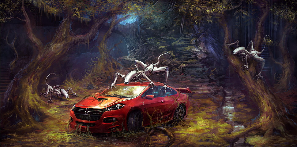 red sedan between trees fan art HD wallpaper