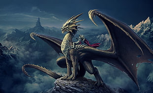 dragon on rock mountain painting HD wallpaper