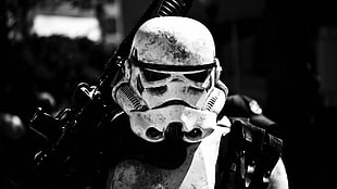 grayscale photo of Star Wars Storm Trooper