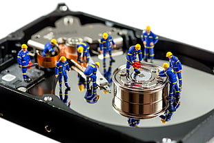 miniature figure of men working, doll, cleaning, Hard drives, PCB