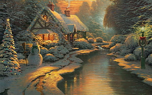snowman near house and trees painting, Christmas, postcard, Thomas Kinkade, snowman
