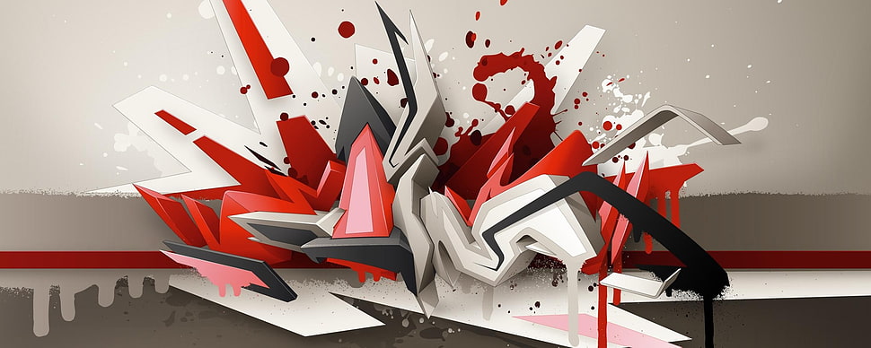 red, black, and white splash artwork, dual monitors, graffiti, Daim, 3D HD wallpaper