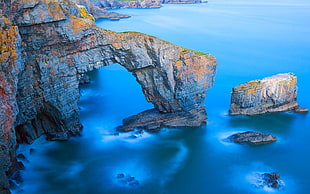 stock rocks in body of water, cliff, sea, Wales, coast HD wallpaper