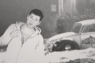 grayscale photo of man wearing zip-up hoodie, efdesign, men, model, gray