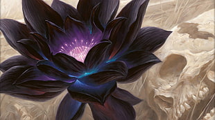 black and pink flower painting, digital art, lotus flowers, skull, Magic: The Gathering