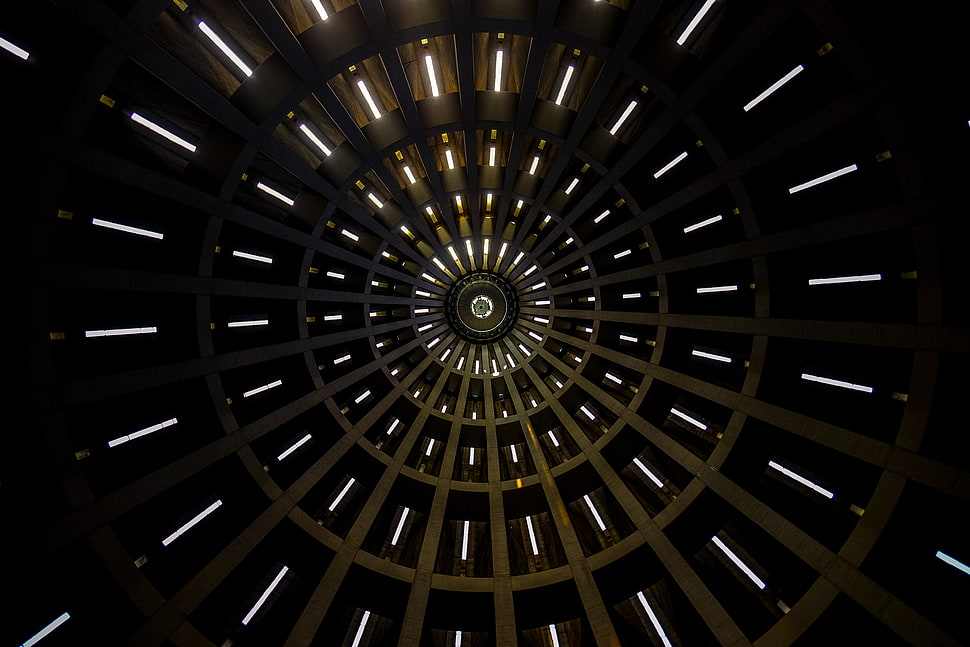 architectural of gray and black building interior ceiling HD wallpaper