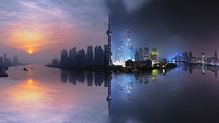 New York City skyline collage poster, night, city, Shanghai