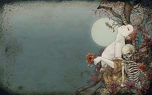 woman holding flower beside skeleton with full moon in background painting