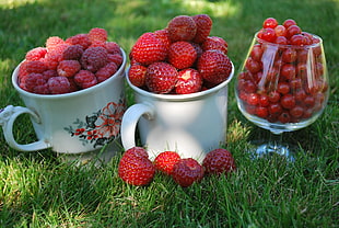 red fruits on white ceramic mugs and clear wine glass
