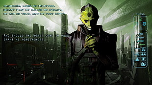 black and green robot with text overlay, Mass Effect, video game characters, green, space