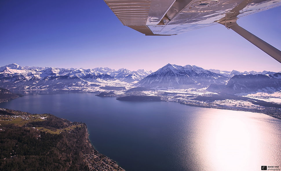 body of water, mountains, aircraft, landscape HD wallpaper