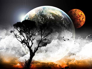 silhouette of tree in front of gray planet painting