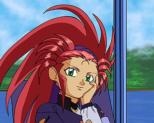 female anime character in red hair