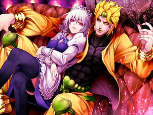 two anime characters man with yellow hair laying beside woman with headdress