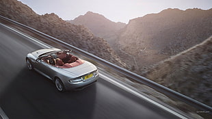 silver convertible coupe, Aston Martin DB9, silver cars, road, landscape
