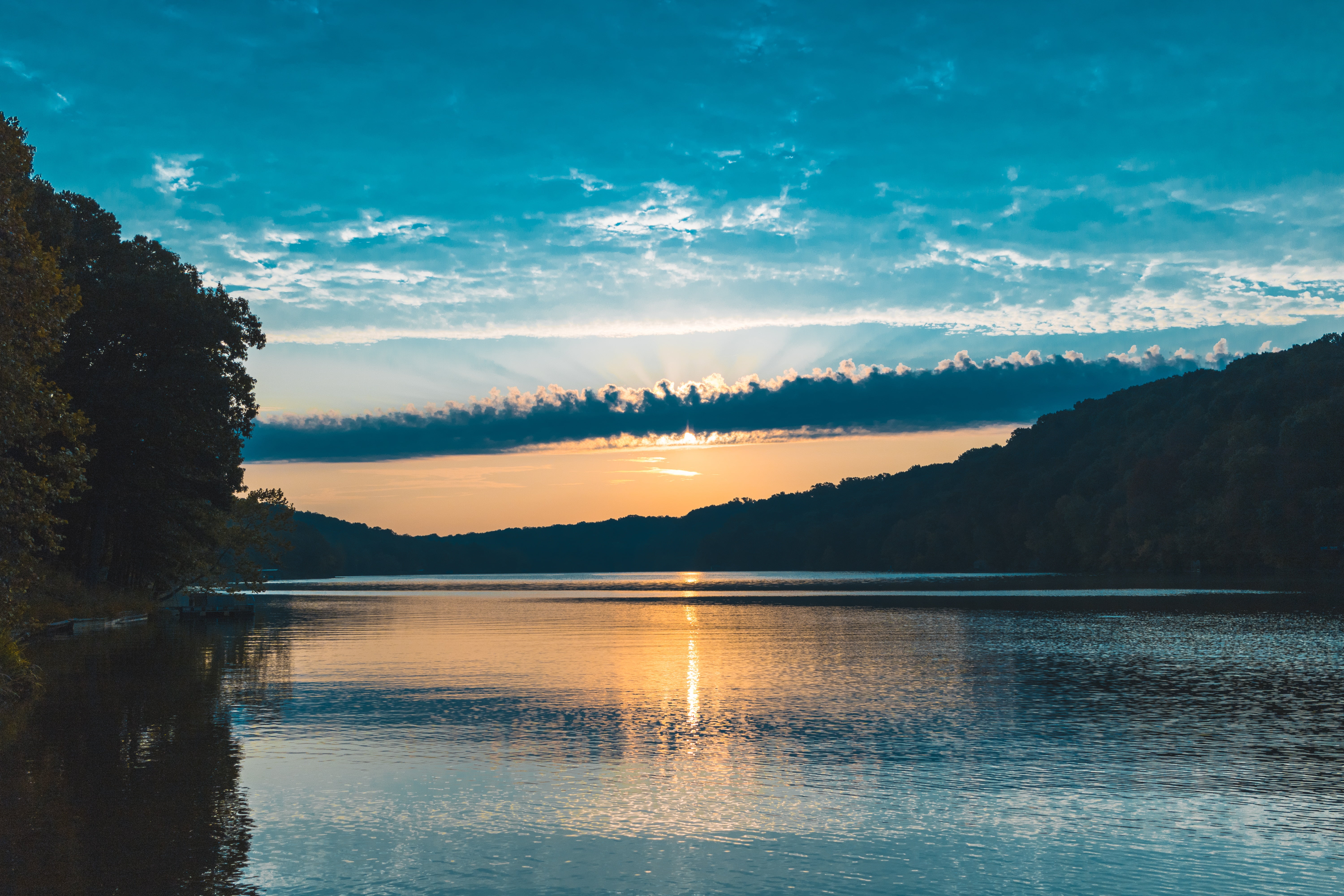 green trees, River, Sunset, Trees