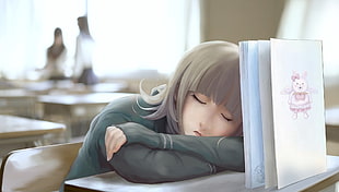 grey short haired woman sleeping on school desk illustration
