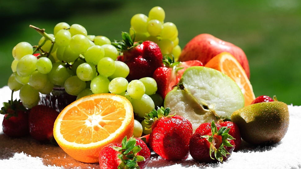 grapes, strawberries, orange and apple fruits HD wallpaper