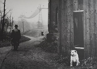 grayscale photo of white dog near door, Viktor Kolar, photography, monochrome