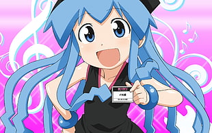 blue female anime character holding card illustration