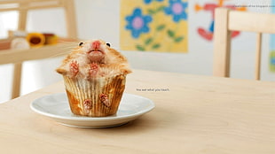 mouse cupcake and white ceramic saucer, artwork
