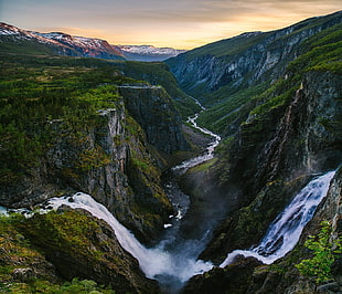 green waterfalls, nature, landscape, canyon, river HD wallpaper